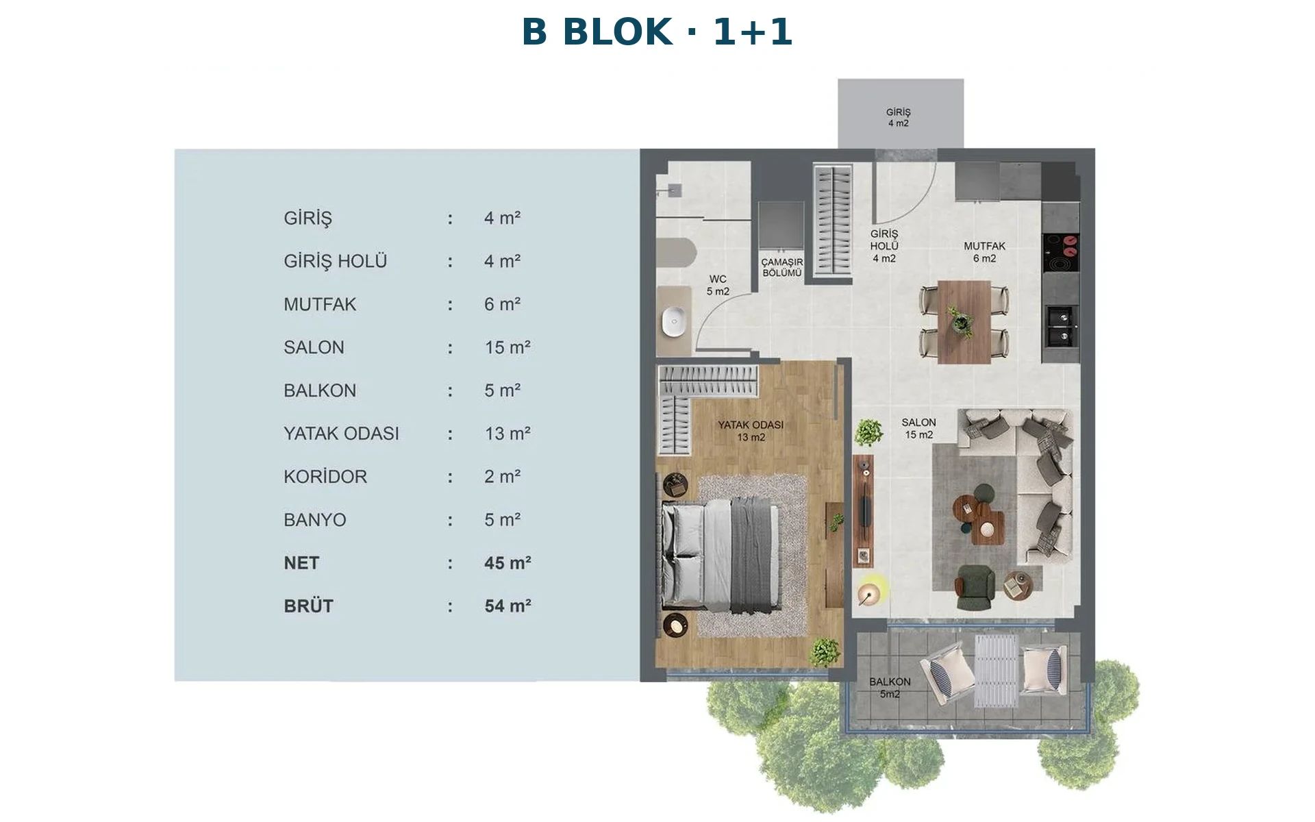 Kocalar Kavacık Cadde B Blok 1+1 daire kat planı, 54 m² brüt