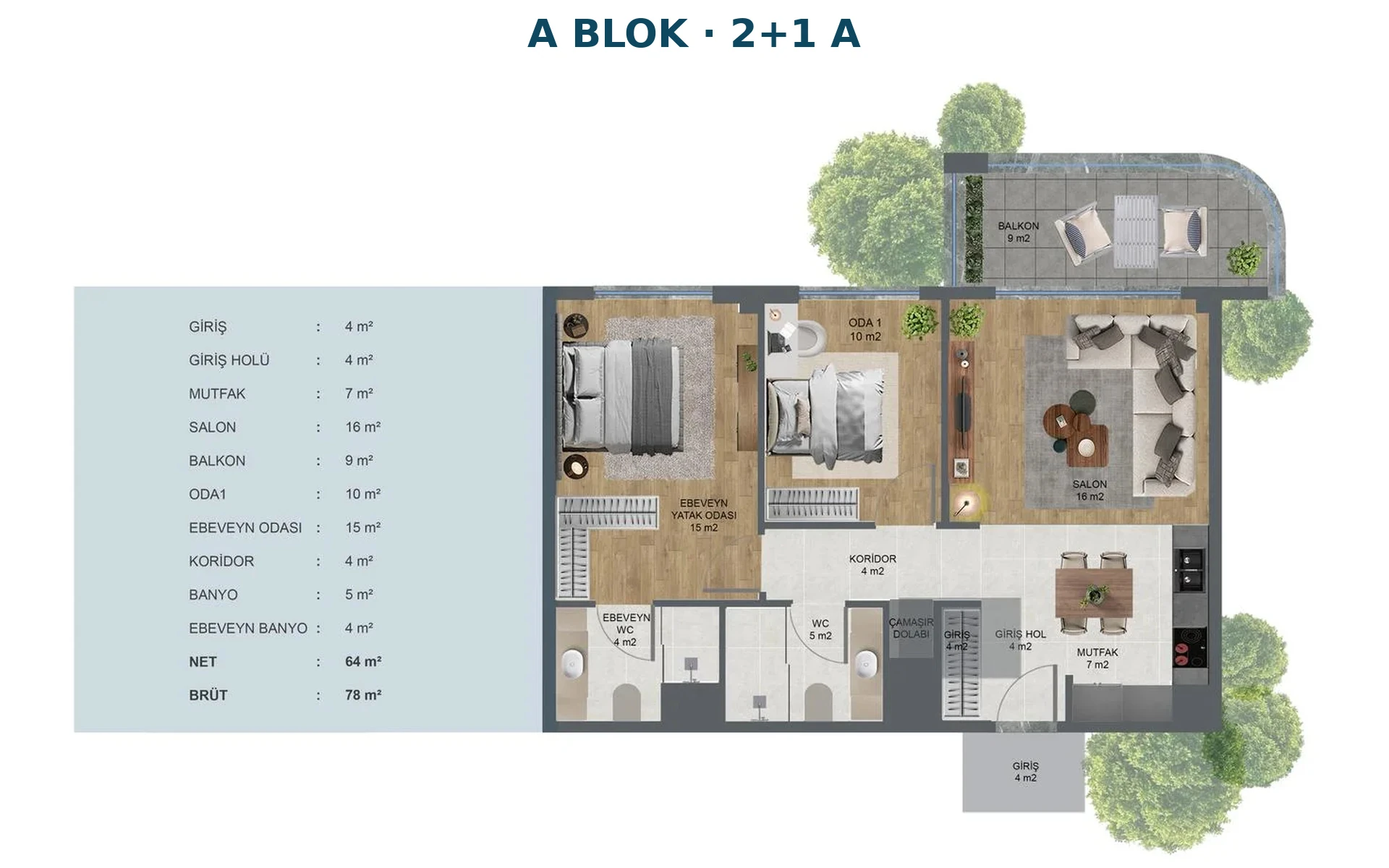 Kocalar Kavacık Cadde A Blok 2+1 A daire kat planı, 78 m² brüt