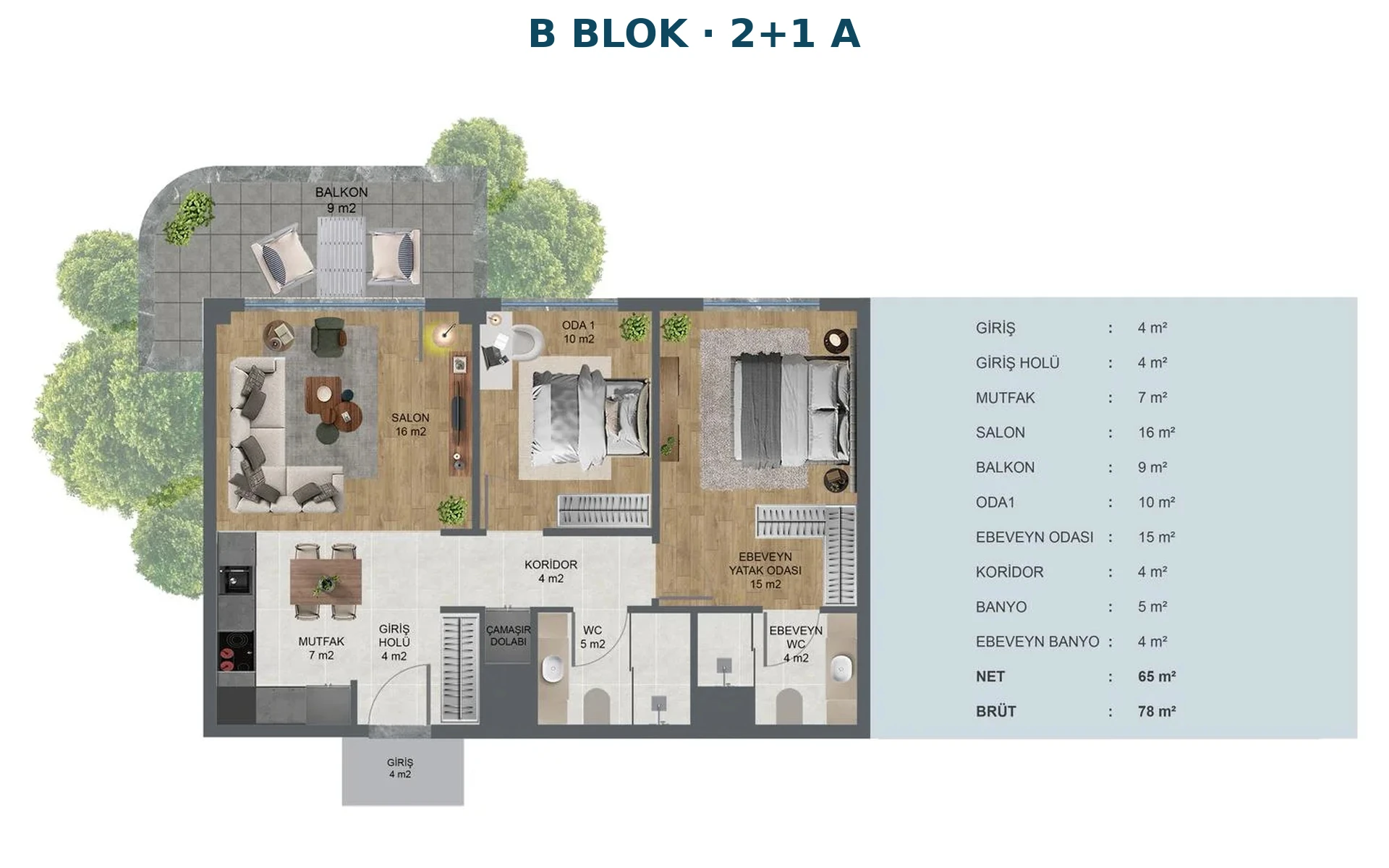 Kocalar Kavacık Cadde B Blok 2+1 A daire kat planı, 78 m² brüt