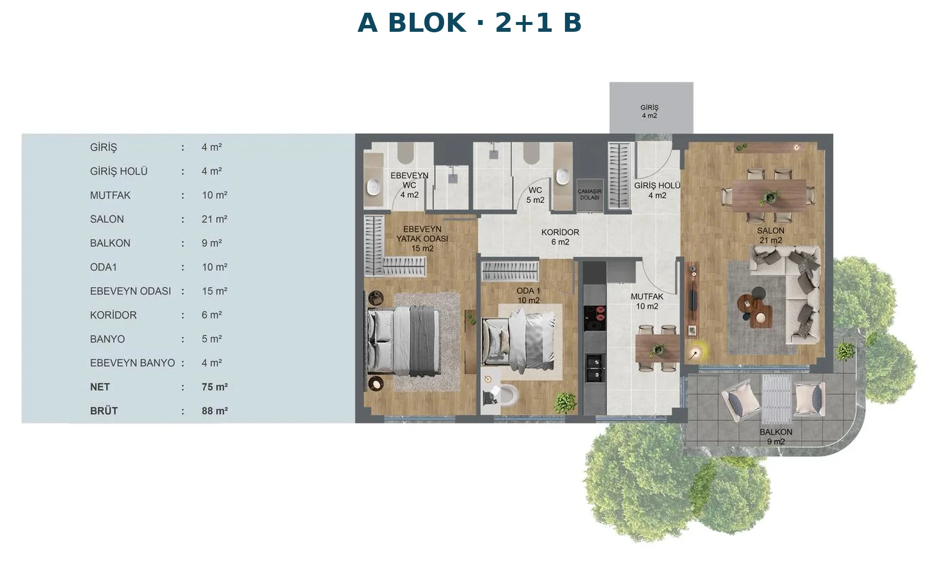 Kocalar Kavacık Cadde A Blok 2+1 B daire kat planı, 88 m² brüt