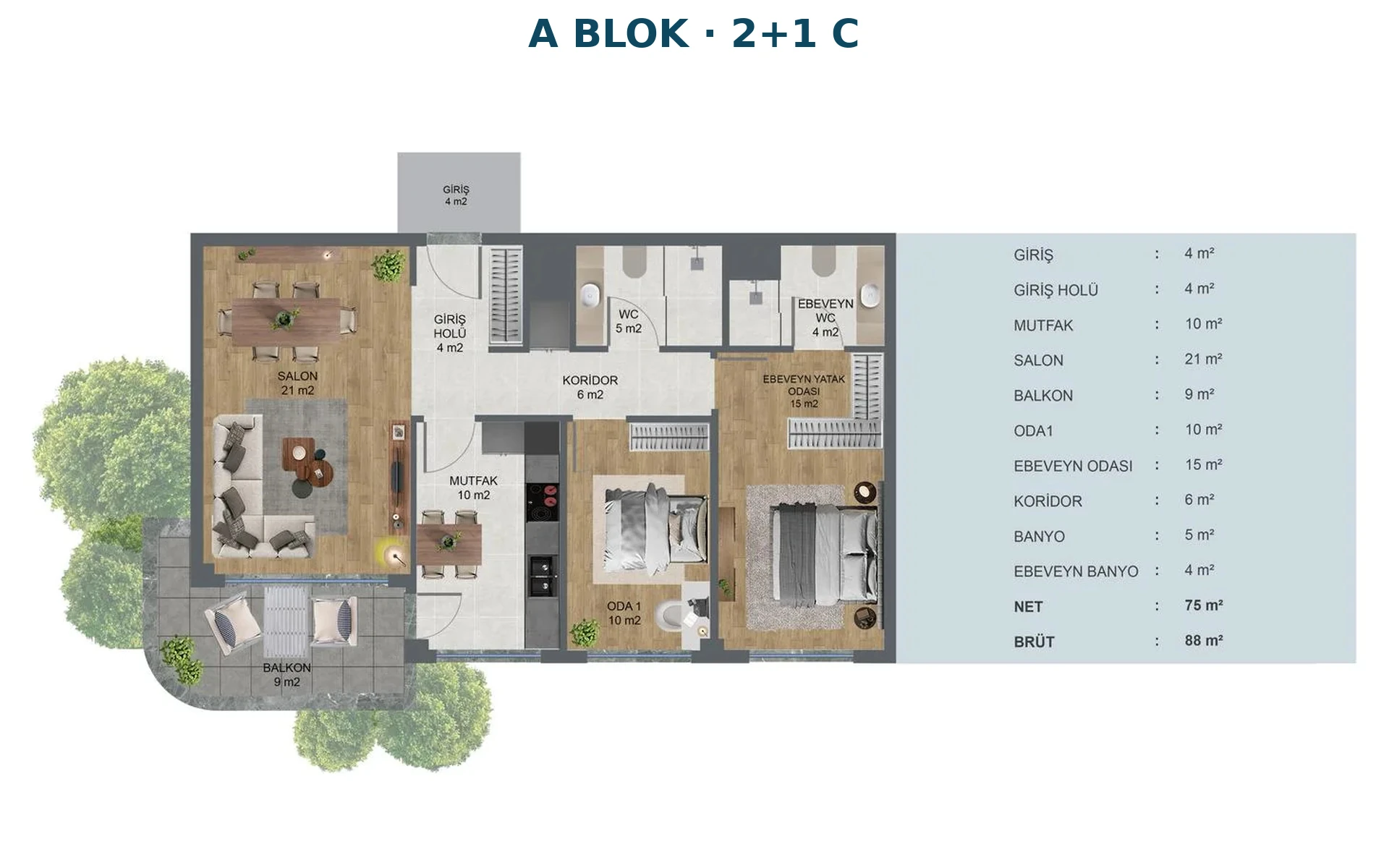 Kocalar Kavacık Cadde A Blok 2+1 C daire kat planı, 88 m² brüt